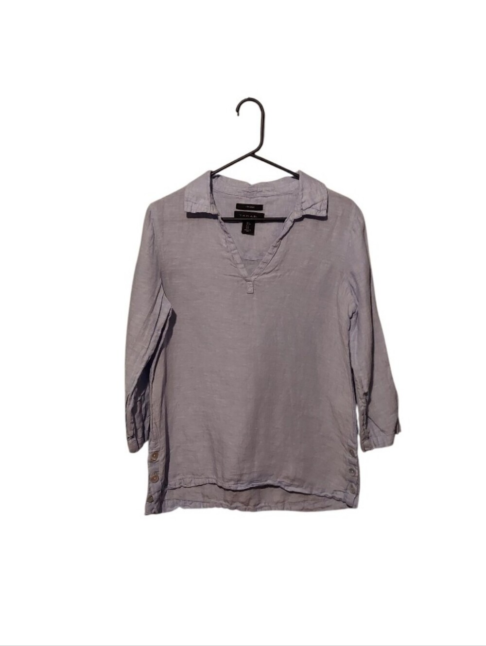 Tahari Blue 100% Linen V-Neck Popover Top Blouse 3/4 Sleeve Small Beach Coastal